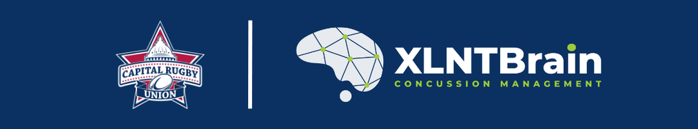 Logo of Capital Rugby Union alongside XLNTBrain, emphasizing concussion management and cognitive training partnership on a blue background.